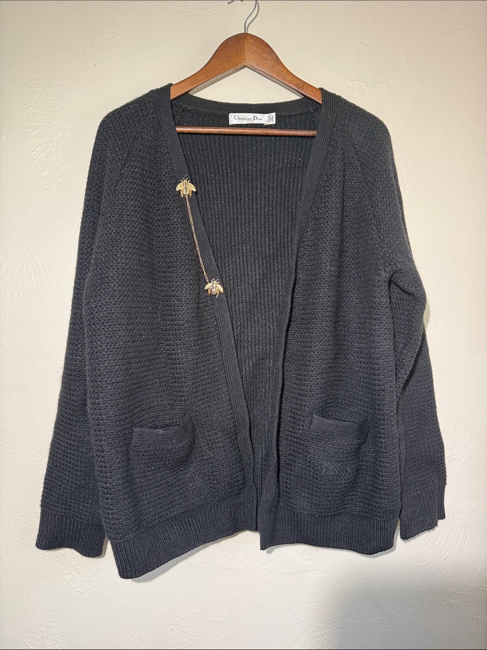 Christian Dior Black Wool Cashmere Bee Chain Cardigan Size US 8 / FR 40